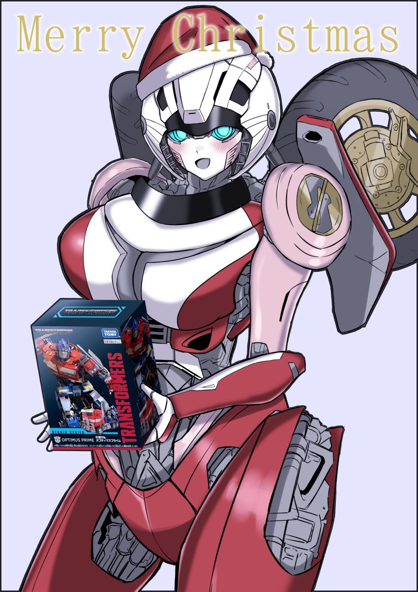 1girls 2024 2d 2d_(artwork) alien alien_girl alien_humanoid arcee arcee_(rotb) blue_eyes christmas christmas_gift christmas_hat cleavage digital_drawing_(artwork) digital_media_(artwork) female female_focus female_humanoid female_only hasbro holding holding_object hourglass_figure humanoid konro_yoyogei large_breasts mecha robot robot_girl robot_humanoid simple_background smile smiling_at_viewer sole_female soles solo solo_female solo_focus standing transformers transformers_rise_of_the_beasts two_tone_skin