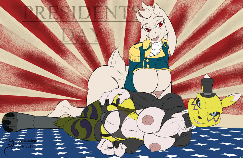 anthro arashidrgn big_breasts boss_monster breasts canine caprine clothing digimon female fox fur goat horn long_ears mammal nipples presidents_day renamon toriel undertale video_games white_fur yellow_fur