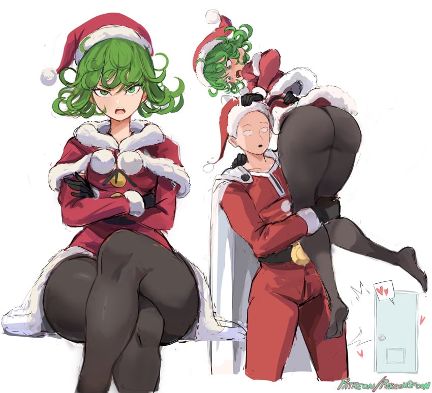 1boy 1girls ass bald bell black_pantyhose cape capelet commentary crossed_arms crossed_legs curly_hair dress female fur-trimmed_capelet fur-trimmed_dress fur-trimmed_headwear fur_trim green_eyes green_hair hat highres lifting_person multiple_views one-punch_man pantyhose patreon_username rakeemspoon red_capelet red_dress red_hat saitama santa_capelet santa_dress santa_hat short_hair tatsumaki thighs white_background white_cape