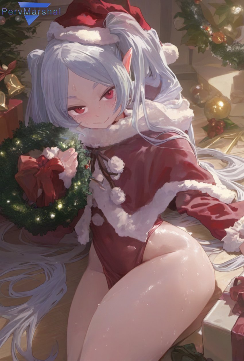 1girls ai_generated christmas christmas_clothing christmas_outfit elf elf_ears elf_female female female_focus female_only frieren frieren_beyond_journey's_end long_hair marshalperv pervmarshal purple_eyes silver_hair sitting small_breasts solo solo_female solo_focus sweat sweating tagme tagme_(artist) thick_thighs wide_hips xmas