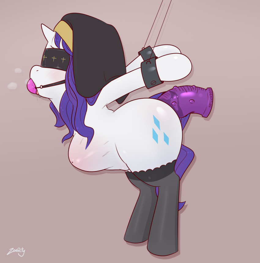 anal anal_sex armpits ball_gag blindfold blush cuffs cutie_mark dildo equine female feral friendship_is_magic gag horn mammal my_little_pony nun penetration purple_hair rarity_(mlp) saliva sex_toy solo stomach_bulge thighhighs tongue unicorn zoarity