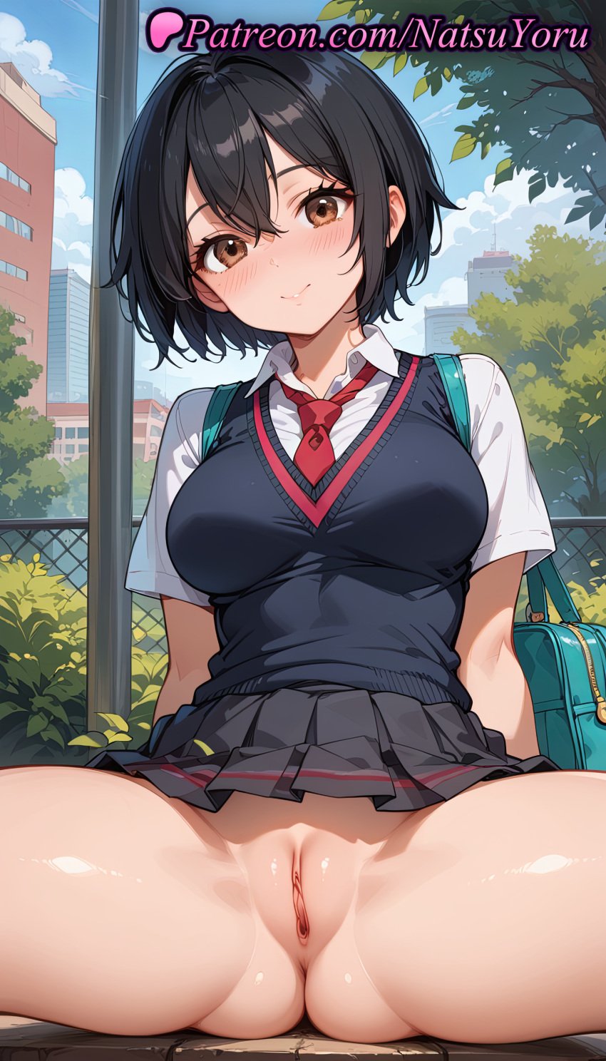 1girls ai_generated anime anime_style anus arm_support asian asshole bag bangs bench black_hair black_skirt black_sweater_vest black_vest blouse blue_sky blush breasts brown_eyes building bust busty cleft_of_venus clitoris closed_mouth cloud collared_shirt crossed_bangs day east_asian female female_focus female_only female_solo fence hair_between_eyes hentai juicy_butt labia labia_majora large_breasts leaning_back lips looking_at_viewer marvel marvel_comics marvel_rivals miniskirt natsuyoru necktie no_panties outdoors peni_parker pleated_skirt public_indecency pussy pussy_lips pussy_peek red_necktie school_bag school_uniform shaved_vagina shiny shirt short_hair short_sleeves sitting skirt skirt_lift sky smile solo solo_female spread_legs sweater_vest thighs tie tree uncensored vagina vest voluptuous voluptuous_female vulva white_shirt