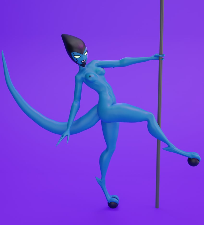 3d alien anthro ben_10 ben_10_alien_force blue_skin crisby female glowing_eyes helen_wheels kineceleran pole_dancing scalie simple_background