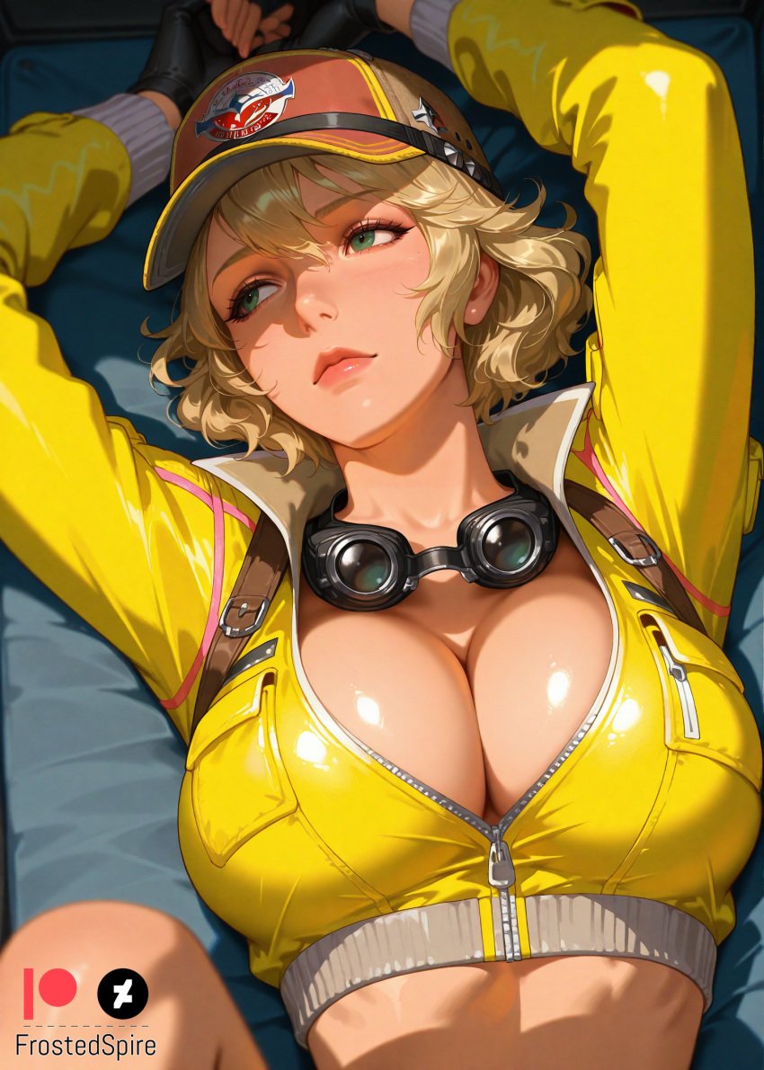 ai_generated big_breasts blonde_female blonde_hair blonde_hair cindy_aurum female female female_focus final_fantasy_xv frostedspire hands_above_head large_breasts short_hair yellow_jacket