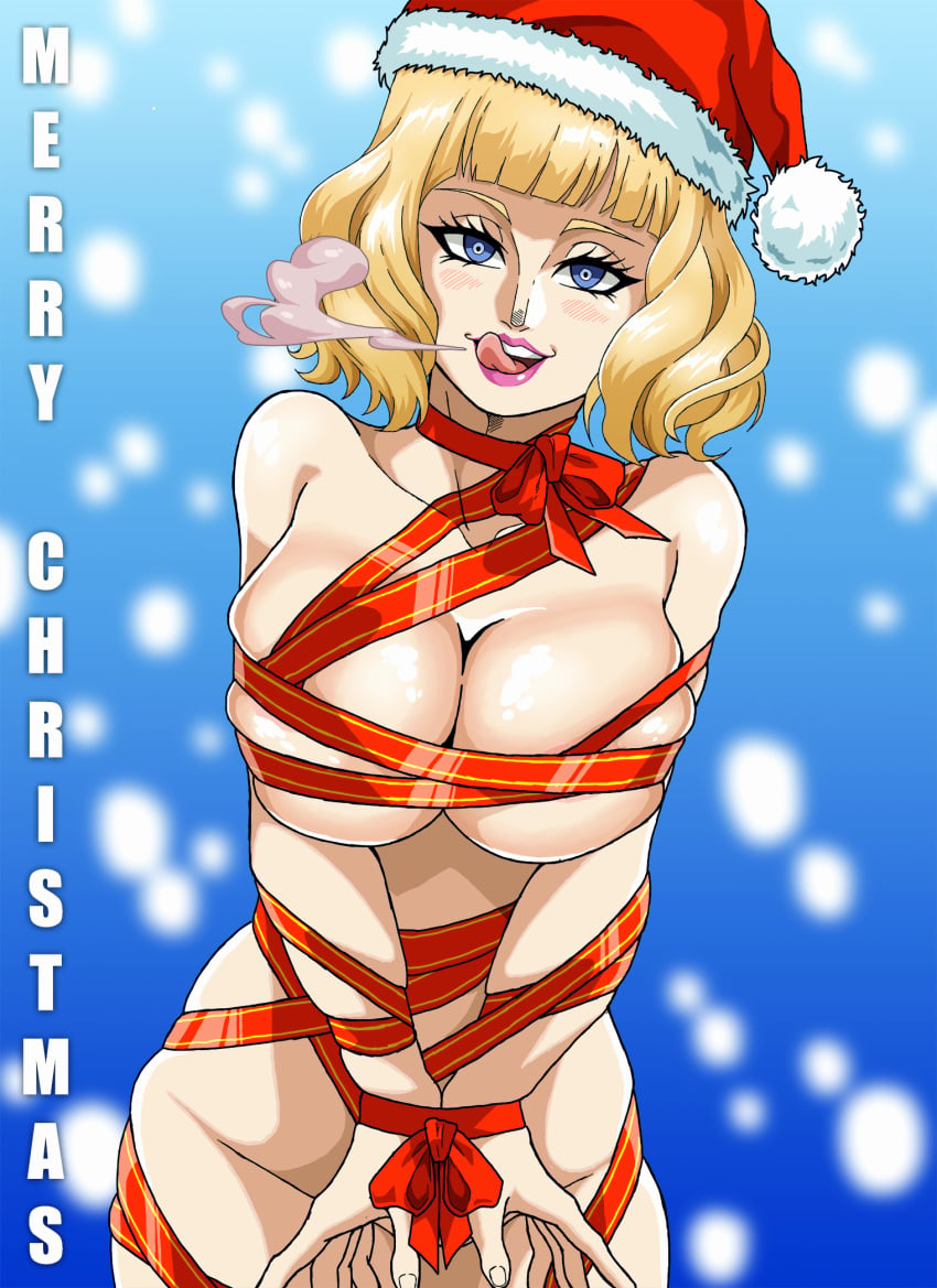 blonde_hair bondage breast_press breasts christmas christmas_headwear curvy curvy_figure female female_focus female_only large_breasts lipstick looking_at_viewer one_piece pale-skinned_female pale_skin ribbon ribbon_bondage schlumper short_hair solo solo_female solo_focus stussy_(one_piece) tongue_out