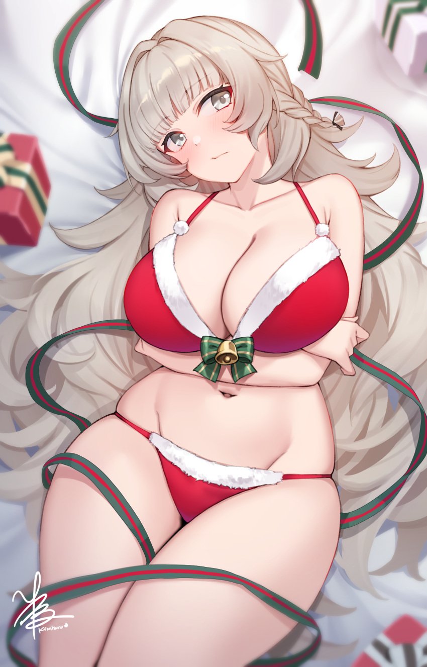 absurdres arms_under_breasts azur_lane bed_sheet bell bikini bow box braid breasts christmas cleavage commission female fur-trimmed_bikini fur_trim gift gift_box green_bow grey_eyes grey_hair hair_intakes highres jingle_bell kimi_tsuru large_breasts long_hair lying navel on_back on_bed pixiv_commission plaid_bow red_bikini red_ribbon ribbon santa_bikini signature skindentation solo stomach swimsuit thick_thighs thighs vittorio_veneto_(azur_lane)