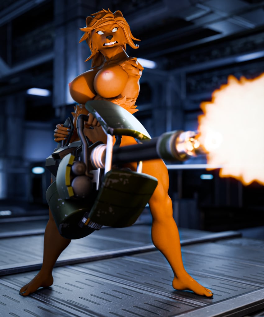 3d_(artwork) angry anthro bear bear_ears blender_(artwork) blender_cycles breasts brown_body brown_fur brown_hair dasha_(petruz) digital_media_(artwork) female firing_weapon fur gatling_gun gun hair hi_res machine_gun mammal minigun muzzle_flash nipples nude petruz petruz_(modeler) ranged_weapon shooting shooting_gun solo theant/thedirtyant weapon