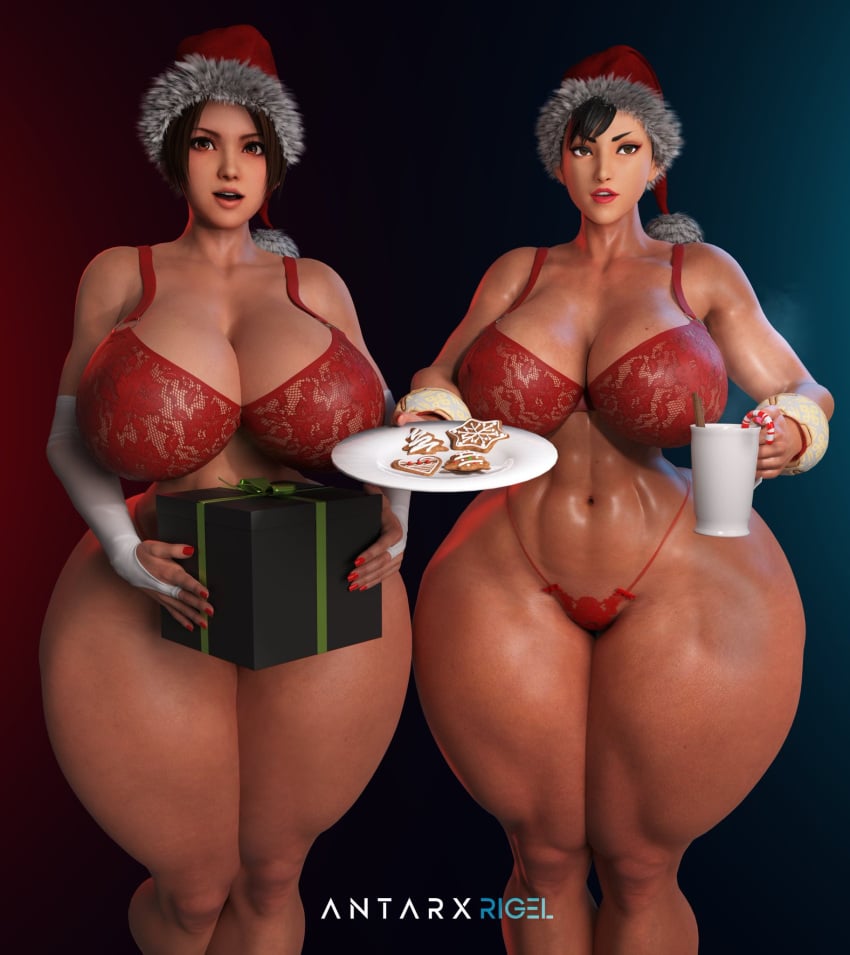 2girls 3d antarxrigel asian big_ass big_breasts christmas christmas_hat christmas_outfit chun-li curvy curvy_figure female king_of_fighters lingerie mai_shiranui muscular street_fighter voluptuous