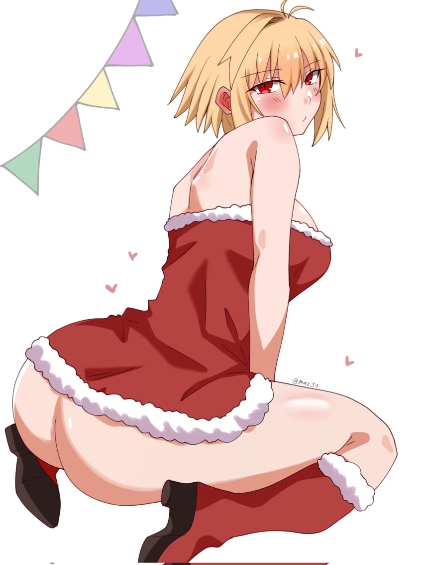 1girls alternate_version_available arcueid_brunestud ass ass_focus big_ass big_butt blonde_hair blush boots bubble_butt butt_focus christmas christmas_outfit huge_ass huge_butt large_ass large_butt looking_at_viewer looking_back maz_515 melty_blood sweat sweater thick thick_thighs tsukihime tsukihime_(remake) wide_hips