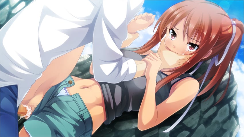 1boy arm_grab bare_shoulders blue_panties brown_eyes brown_hair censored clothing covering_another's_mouth covering_mouth crying crying_with_eyes_open cum cum_in_pussy female gagged game_cg guilty hair_ornament hair_ribbon hand_over_another's_mouth hand_over_mouth handgag long_hair momose_maki mosaic_censoring navel outdoors panties panties_aside penis ponytail purple_ribbon pussy rape restrained ribbon sex shorts shorts_aside spread_legs straight tears tegome_ni_sareru_kyuunin_no_otome tied_hair underwear unzipped_shorts vaginal_penetration wide-eyed