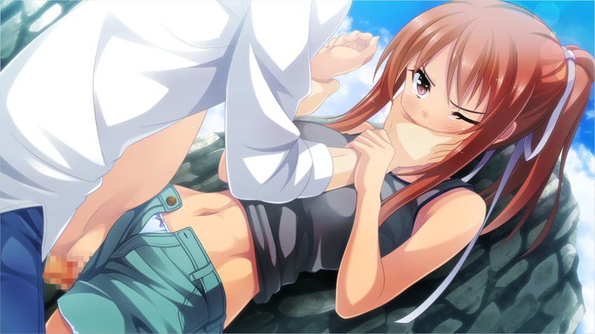 1boy angry arm_grab bare_shoulders blue_panties brown_eyes brown_hair censored clothing covering_another's_mouth crying female gagged game_cg guilty hair_ornament hair_ribbon hand_over_another's_mouth hand_over_mouth handgag highres long_hair momose_maki mosaic_censoring navel one_eye_closed outdoors panties panties_aside penis ponytail purple_ribbon pussy rape restrained ribbon sex shorts shorts_aside spread_legs straight tears tegome_ni_sareru_kyuunin_no_otome tied_hair underwear unzipped_shorts vaginal_penetration wink