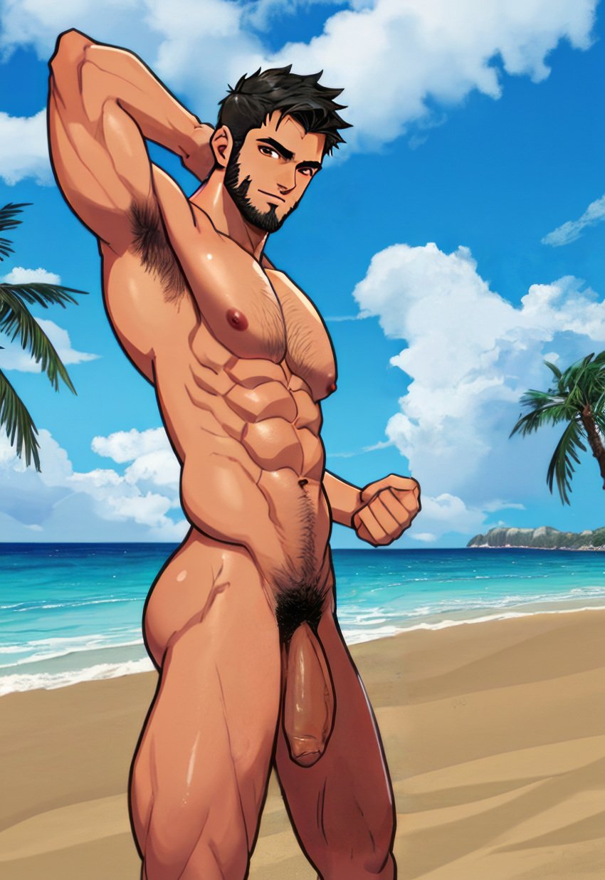 1boy 1male 1man abs ai_generated bara bara_tiddies bara_tits beach big_penis black_hair brown_eyes cock dick flaccid huge_cock human large_pecs large_pectorals male male_focus male_nipples male_only man man_boobs man_breasts man_tits manly muscle muscles muscular muscular_male nexusgarden pectorals penis pubic_hair sea solo