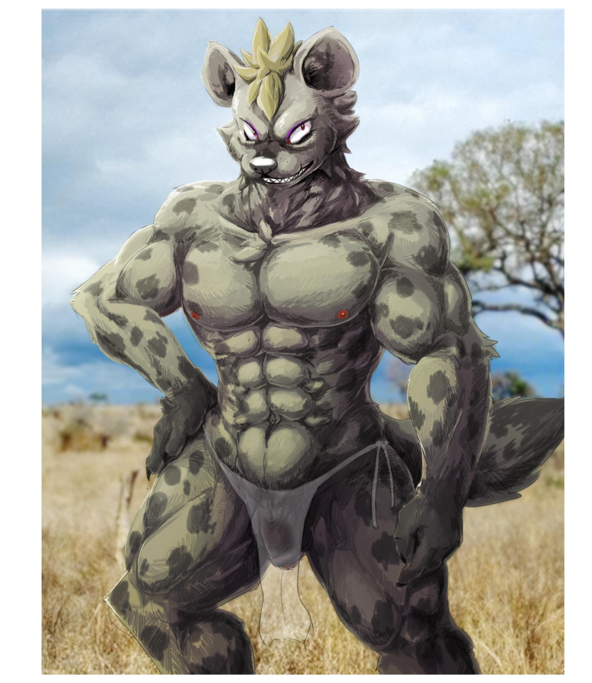 anthro bulge flaccid furry geppei5959 hyena loincloth looking_at_viewer male male_only mammal muscular outdoors penis solo standing