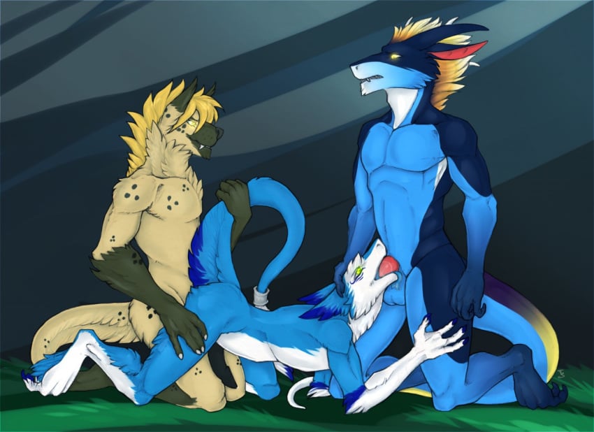 anal anal_sex anthro anthro_on_anthro balls blonde_hair blue_fur blusky dragon erection fur furry halley highres hyena hypnosis interspecies lying male mammal master/pet mind_control neverneverland nude penetration penis rareel scalie sergal sex tail_ring teryx_commodore tongue yaoi