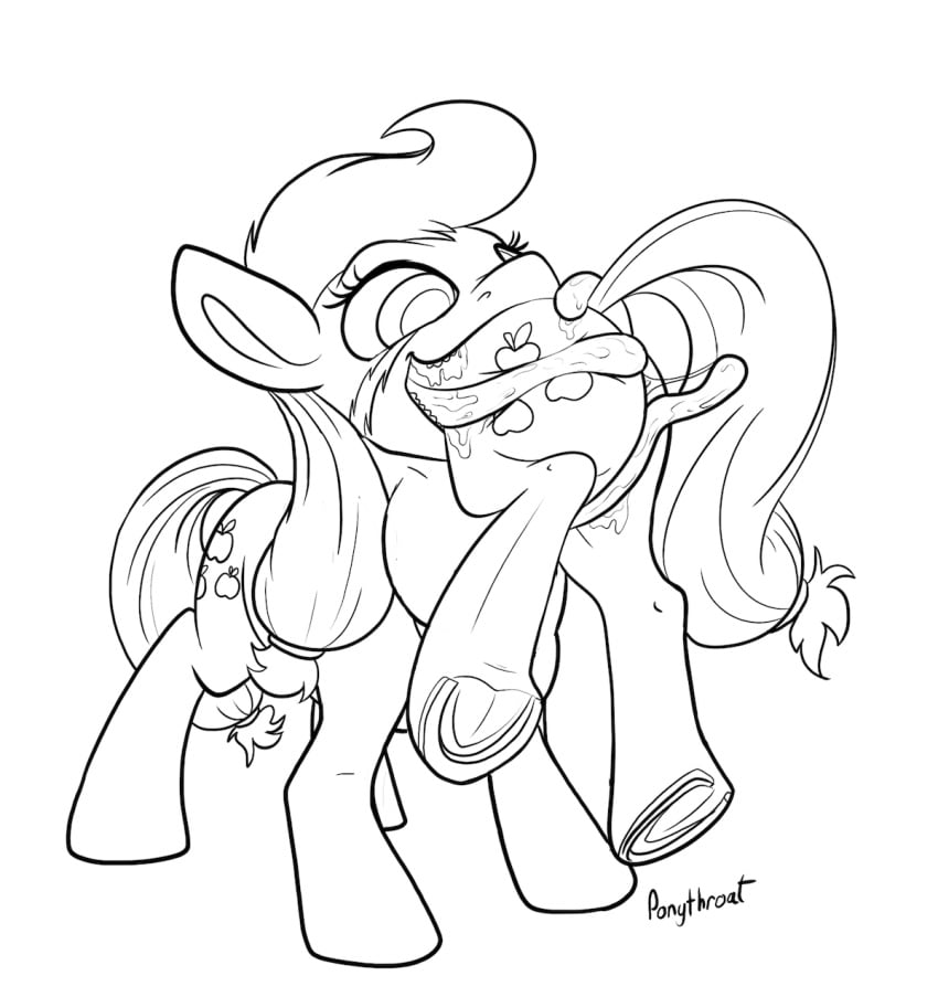 2017 applejack_(mlp) black_and_white cutie_mark duo equine female feral friendship_is_magic hair hi_res hooves horse line_art long_hair mammal monochrome my_little_pony oral pony ponythroat saliva tatzljack tatzlpony tentacle tentacle_tongue tongue vore