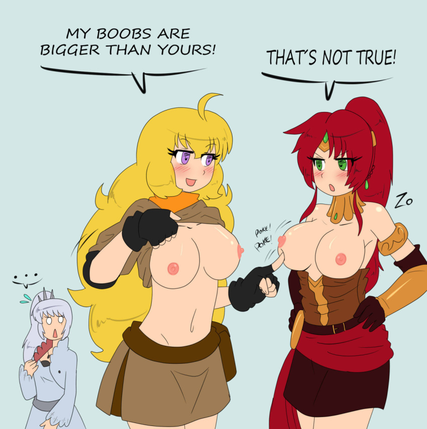 3girls breasts comparison english_text female female_only high_ponytail long_hair multiple_girls ponytail pyrrha_nikos red_hair rwby shiny_hair shiny_skin text vale_outfit weiss_schnee weiss_schnee_(vale) yang_xiao_long yang_xiao_long_(vale) zronku