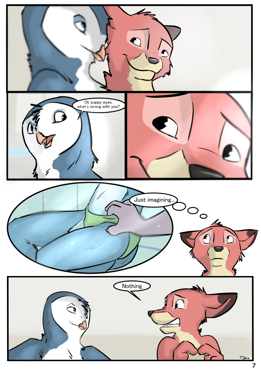 anthro avian bird canine casey_(tuke) close-up comic dialogue dirty_thoughts duo embarrassed english_text finger_poking fox furry gesture graham_(tuke) male mammal owl page_7 partially_submerged sitting speech_bubble speedo swimsuit text thought_bubble tuke water yaoi