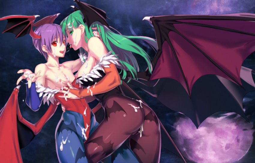 2girls animal_print ass bare_shoulders bat_print blue_legwear breasts bridal_gauntlets clothing cum cum_on_body cum_on_lower_body cum_on_upper_body darkstalkers demon_girl demon_wings facial flat_chest flat_chest_grab grabbing green_eyes green_hair hair_tousle head_wings incest kawakami_rokkaku large_breasts leotard leotard_pull licking_lips lilith_aensland long_hair medium_breasts morrigan_aensland multiple_girls nipples pantyhose partially_visible_vulva print_legwear purple_hair purple_legwear red_eyes saliva saliva_trail short_hair siblings sisters succubi succubus succubus_wings thong tongue tongue_out wings