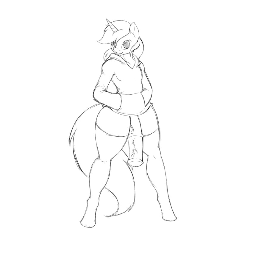 1boy androgynous animal_genitalia animal_penis anthro clothing crossdressing equine equine_penis femboy girly hair hi_res hoodie horn horsecock legwear looking_at_viewer male_focus male_only mammal my_little_pony penis red_magma_(oc) sketch solo suirano thigh_highs trap unicorn vein