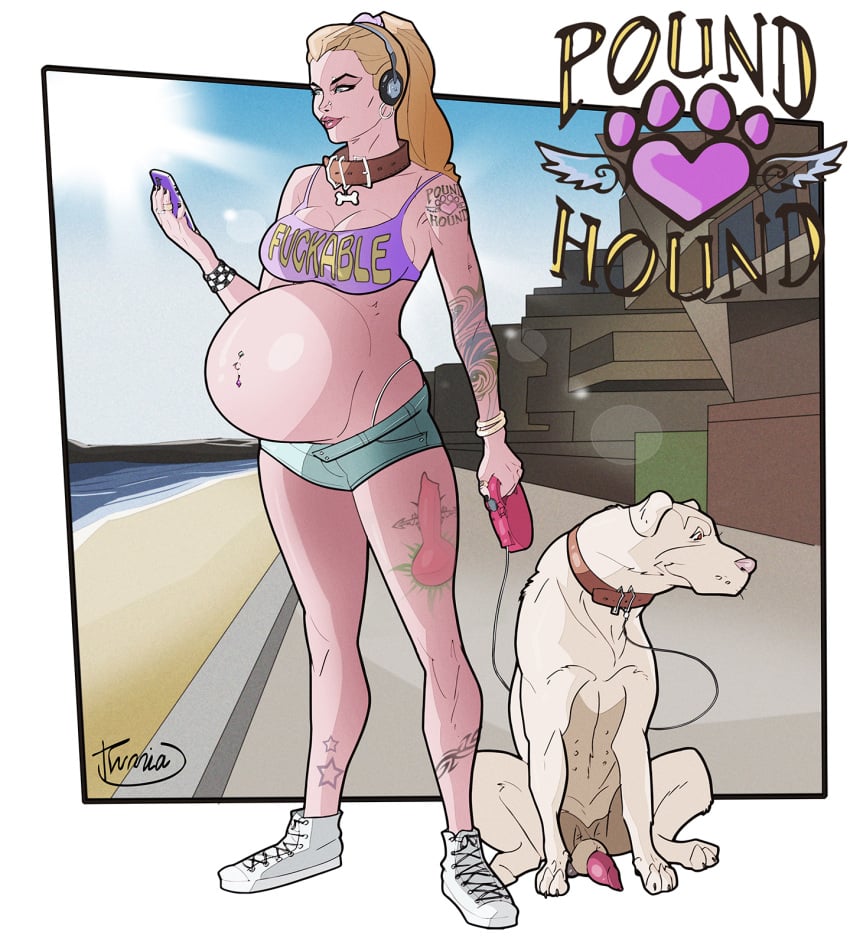 2018 animal_genitalia animal_penis beach blonde_hair canid canid_on_humanoid canine canine_on_human canine_penis cellphone clothing collar dog domestic_dog english_text eyebrow_piercing facial_piercing female female_human feral hair hetero human human_mother_baby_animal interspecies_pregnancy knot leash male male/female male_canine mammal navel navel_piercing pawprint penis penis_tip phone piercing poking_out pregnant profanity ready_to_pop seaside sheath tattoo text thong turria water zoophilia