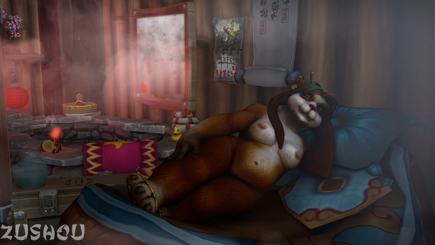 3d anthro areola bear beverage breasts brown_hair burning_candles candles female fur furry green_eyes invalid_tag mammal nipples panda pandaren red_candles red_fur seductive solo steam warcraft zushou