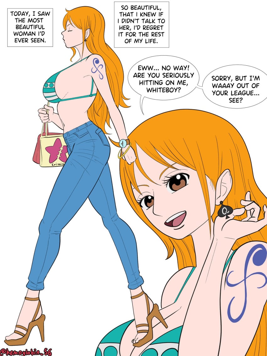 1girls bikini_top breasts dialogue earrings female female_only green_bikini_top heels hemoglobin_56 jeans large_breasts long_hair looking_at_viewer mocking_viewer nami one_piece orange_eyes orange_hair pale-skinned_female pale_skin platform_heels purse qos queen_of_spades shounen_jump sideboob spade_earrings speech_bubble talking_to_viewer tattoo tattoo_on_arm text_box