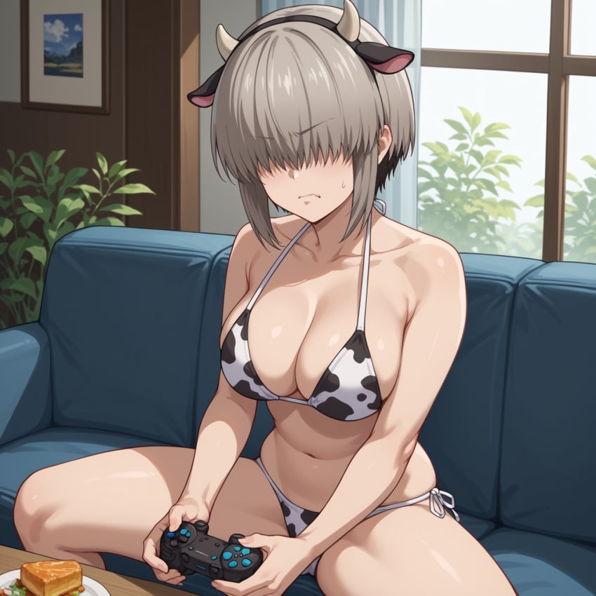 ahegao_ai ai_generated bikini bikini_bottom bikini_top console cow_bikini cow_ears cow_horns living_room playing playing_videogame sofa uzaki-chan_wa_asobitai! uzaki_yanagi