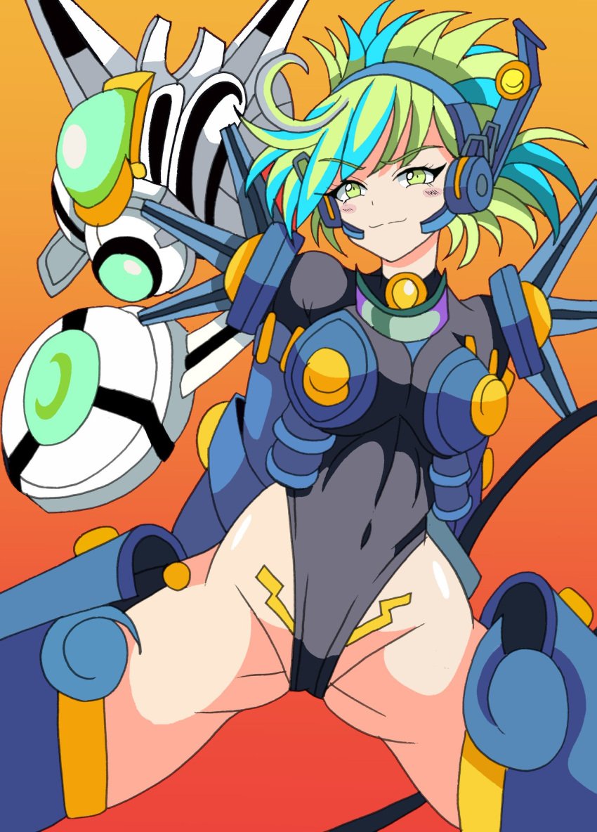 1girls artist_request belly_button blue_hair blush boots breast_expansion breasts color digital_media_(artwork) female female_only galaxy_gals gauntlets green_eyes green_hair headphones heterochromia large_breasts leotard looking_at_viewer muscular muscular_female nyanko_daisensou shoulder_pads sitting smirk spread_legs the_battle_cats thick_thighs thighhighs thighs vacuum windy_(battle_cats)