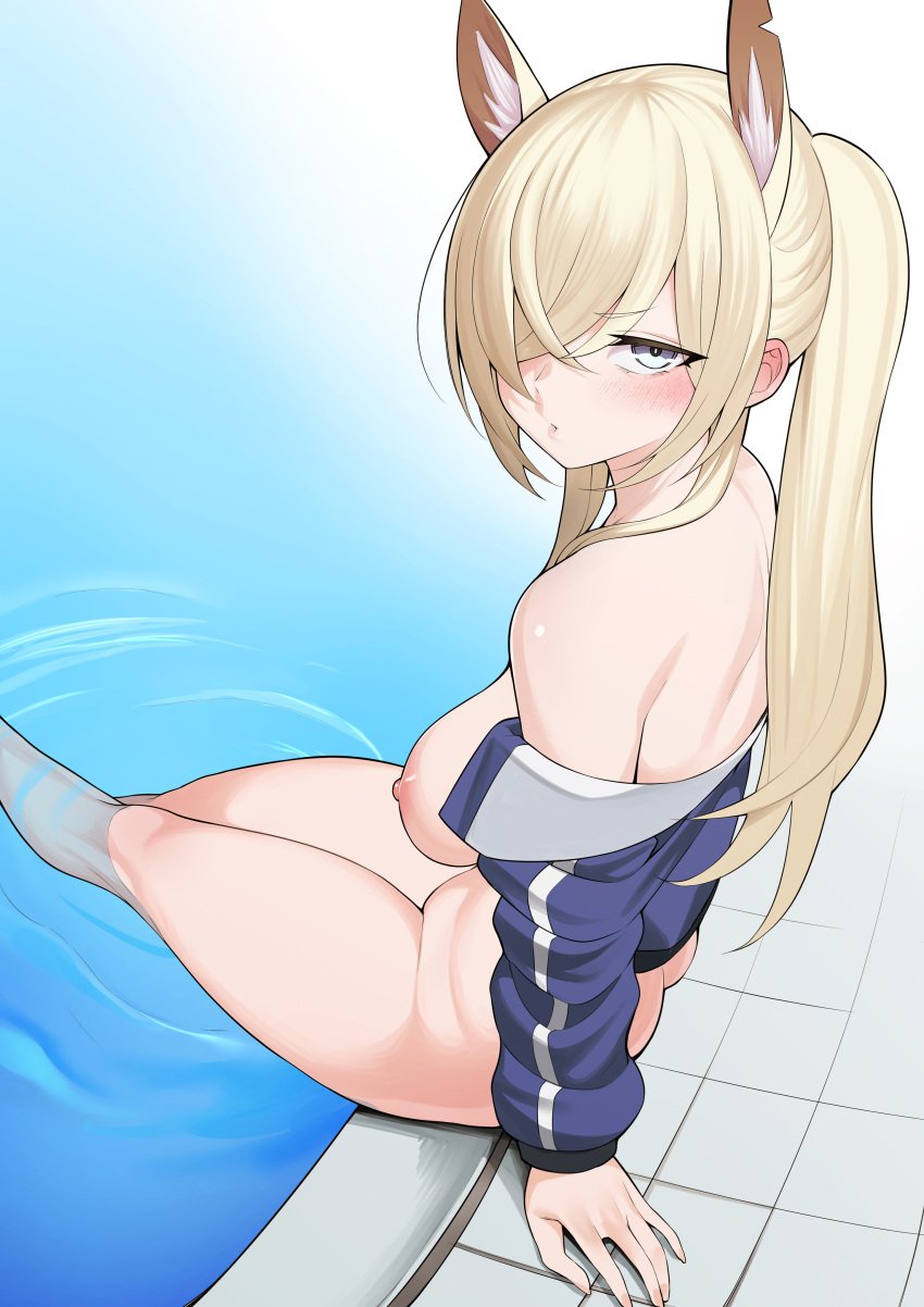 1girls absurdres animal_ear_fluff animal_ears ass blonde_hair blue_archive blue_eyes blue_jacket blush bottomless breasts_out closed_mouth dog_ears extra_ears feet_in_water feet_out_of_frame hair_over_one_eye highres jacket kanna_(blue_archive) kanna_(swimsuit)_(blue_archive) kayumidome large_breasts long_hair long_sleeves looking_at_viewer looking_back nipples no_halo open_clothes open_jacket ponytail pool sitting solo water