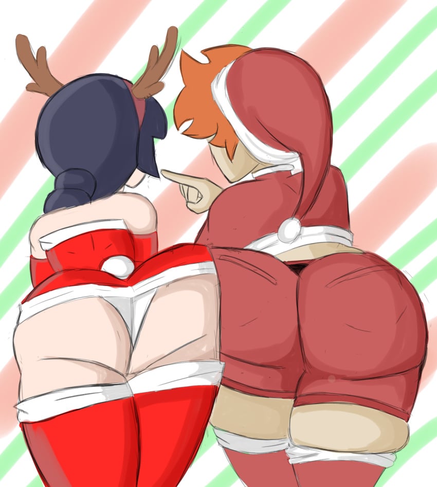 2girls ambers_(synisterstrokes) antler_headband antlers ass ass_bump christmas christmas_outfit dress ginger glacey_(synisterstrokes) glasses hip_bump huge_ass red_hair santa_hat shorts synisterstrokes tomboy young