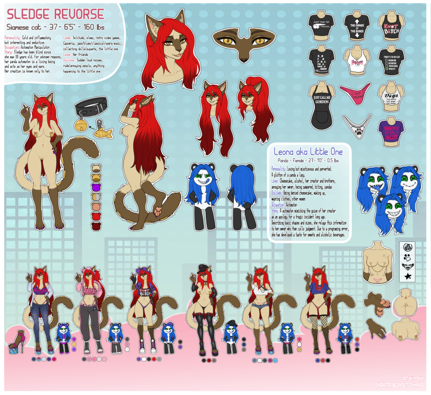 2024 animate_inanimate anthro areola bell bell_collar biped blind breasts clothed clothing collar color_swatch domestic_cat ear_piercing english_text felid feline felis female genitals hair hi_res imperial_units leona_(aka)_little_one living_plushie long_hair mammal miosha model_sheet nipple_piercing nipples pawpads piercing plushie profanity pussy red_hair siamese sledge solo tail text text_on_clothing text_on_topwear topwear