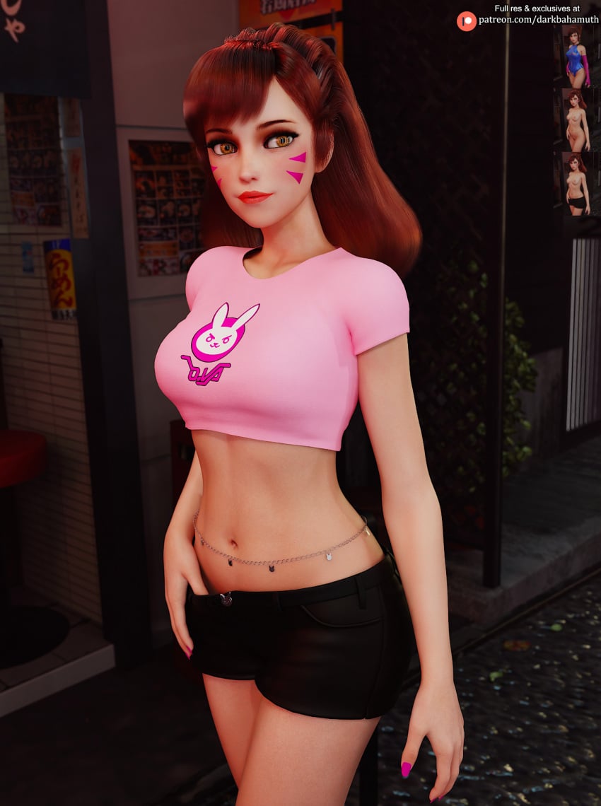 3d 3d_(artwork) clothed crop_top d.va darkbahamuth midriff overwatch petite pinup sfw short_shorts shorts teenager young younger_female