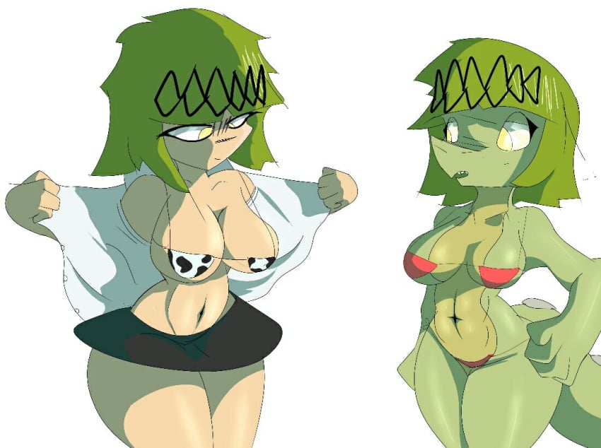 anthro anthropomorphic bikini bikini_bottom bikini_top black_skirt cocodrile cocodrilo cow_bikini deki_(servidor_para_conversar_tranquilamente) deki_cocodrile_(servidor_para_conversar_tranquilamente) green_hair red_bikini servidor_para_conversar_tranquilamente skirt thighs yellow_eyes