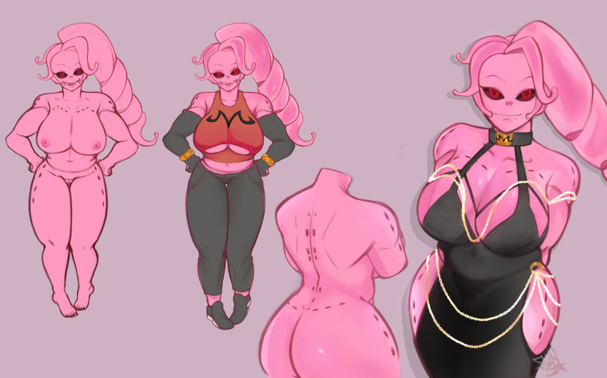 backshot big_ass big_breasts black_dress character_sheet dragon_ball dragon_ball_z insakanesur majin majin_ai naked_female oc original_character ponytail shortstack thick_butt thick_thighs wide_hips