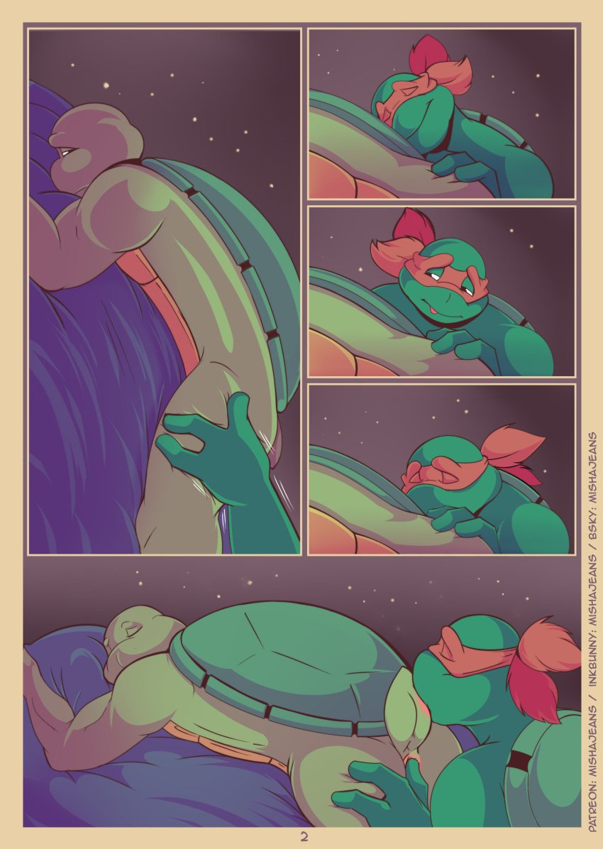 3_fingers absurd_res anal anal_fingering anthro anus ass bed brother_(lore) brothers_(lore) closed_eyes comic digital_media_(artwork) donatello_(tmnt) duo fingering fingering_partner fingers furniture genitals hi_res incest_(lore) looking_back lying male male/male male_penetrated male_penetrating male_penetrating_male mask mishajeans on_bed on_front penetration raphael_(tmnt) reptile romantic romantic_ambiance scalie sex shell sibling_(lore) simple_background smile tail tail_kiss teenage_mutant_ninja_turtles tongue tongue_out turtle