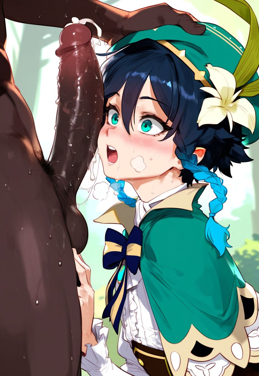 2boys ai_generated blue_eyes blue_hair dark-skinned_male femboy forest gay genshin_impact huge_cock interracial penis_awe trap venti_(genshin_impact)