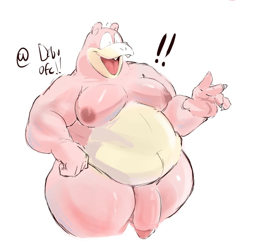 anthro belly big_belly blush debudraws digital_media_(artwork) english_text flaccid generation_1_pokemon genitals gesture hi_res humanoid_genitalia humanoid_penis male moobs nintendo nipples nude open_mouth overweight overweight_anthro overweight_male penis pink_body pokemon pokemon_(species) simple_background slowbro slowbro_(debudraws) smile solo text thick_thighs tongue waving waving_hand