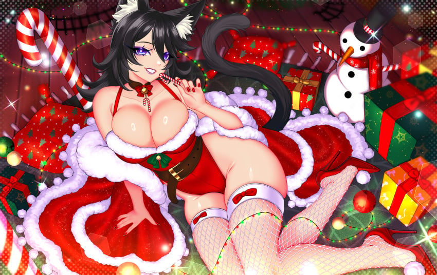 1girls bare_arms bare_shoulders bare_thighs barely_contained barely_contained_breasts bell_collar big_ass big_breasts black_hair bursting_breasts candy candy_cane cat_ears cat_tail catgirl choker choker_bell christmas christmas_lights christmas_outfit cleavage female female_focus female_only fishnet_legwear fishnet_stockings fishnets gift_box high_heels huge_breasts leotard looking_at_viewer lying_on_ground neko pinup pinup_pose purple_eyes red_clothing red_high_heels ribbon ribbons snowman thatspookynekogirl thick_thighs twitch vtuber