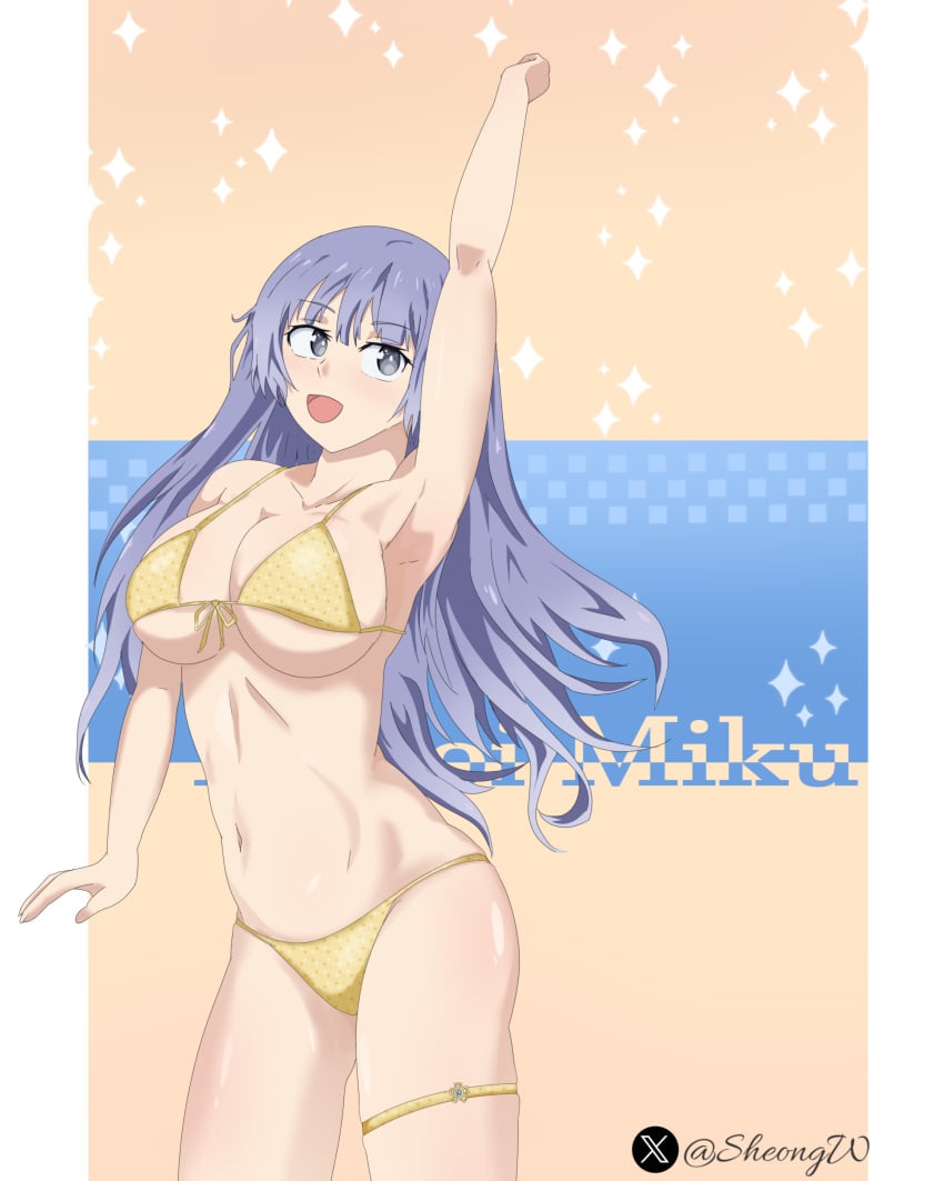 armpits arms_up big_breasts blue_hair date_a_live datealive female girl gray_eyes izayoi_miku long_hair sexy sheong_wong smle stomach swimsuit