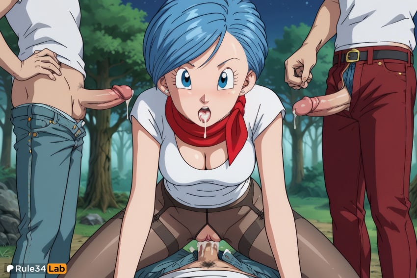 1girls 2boys 3boys after_fellatio ai_generated artist_name blowjob blue_eyes blue_hair breasts bulma_(dragon_ball) bulma_briefs cleavage clothed_sex cowgirl_position cowgirl_position cum cum_in_mouth cum_in_pussy cum_on_tongue denim dragon_ball dragon_ball_super dragon_ball_z earrings erection gangbang group_sex hand_on_own_hip hi_res jeans jewelry looking_at_viewer male_pubic_hair medium_breasts mmf_threesome multiple_boys neckerchief open_mouth outdoors pants pantyhose patreon_logo patreon_username penis pubic_hair pussy rule34lab sex shirt short_hair solo_focus straddling straight t-shirt thighband_pantyhose threesome torn_clothes torn_pantyhose tree uncensored vaginal_penetration white_shirt