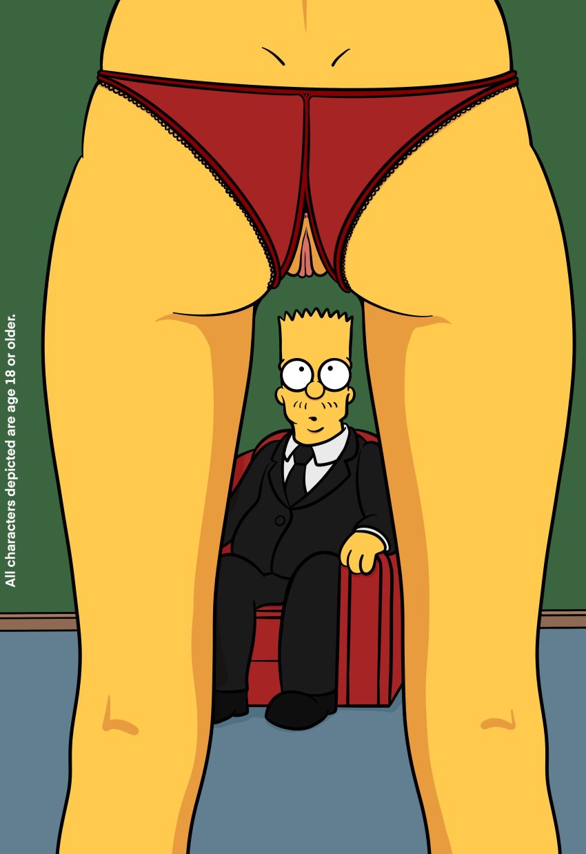 1boy 1girls 20th_century_fox 20th_century_studios accurate_art_style aged_up anus anus_peek ass ass_focus bart_simpson black_clothing brother_and_sister chair clothing crotchless_panties duo facial_hair female human incest indoors lisa_simpson lockandlewd looking_up male male/female mostly_nude mustache_stubble panties pussy pussy_peek red_chair red_panties siblings sitting standing the_simpsons tuxedo unseen_female_face yellow_body yellow_skin