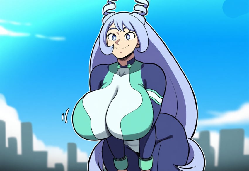 1girls ai_generated bodysuit breasts_bigger_than_head female hadou_nejire huge_breasts long_hair mullon my_hero_academia nejire_hado novelai purple_eyes purple_hair smile superheroine top_heavy