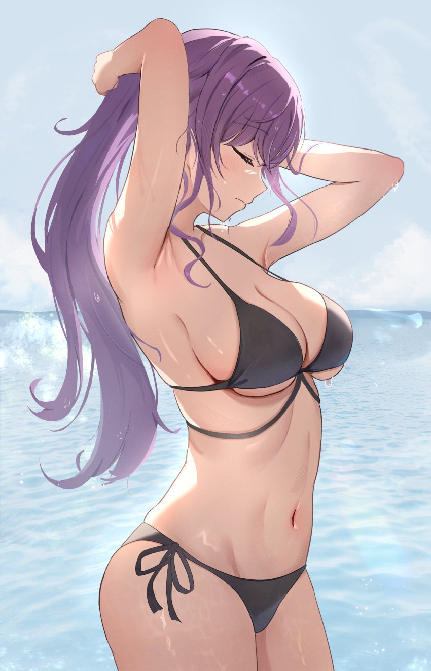 1girls asahina_mafuyu bikini breasts closed_eyes closed_eyes female female_focus female_only large_breasts long_hair loulis ocean project_sekai purple_hair solo solo_female solo_focus swimsuit water