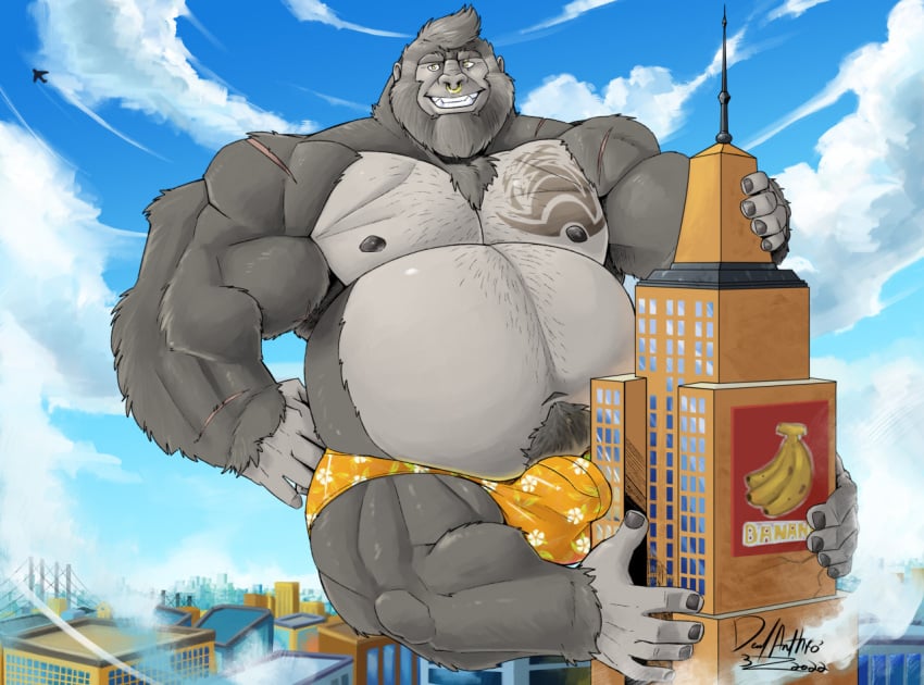 2022 anthro ape beard belly big_belly body_hair building bulge chest_hair chest_tattoo city clothed clothing cloud deadanthro detailed_background detailed_bulge facial_hair facial_piercing fahz_(fahzthegorilla) gold_(metal) gorilla grey_beard grey_body grey_facial_hair grey_hair hair haplorhine happy_trail macro male male_only mammal muscular muscular_anthro muscular_male navel nipples nose_piercing nose_ring overweight overweight_anthro overweight_male pattern_clothing pattern_underwear pecs piercing primate ring_piercing scar solo tattoo tower underwear wtf