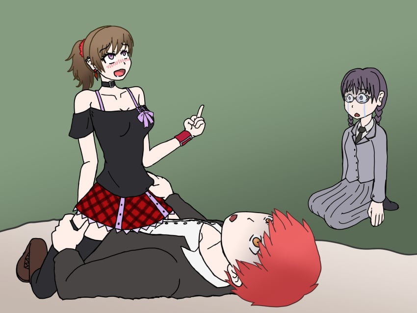 1boy 1boy2girls 2girls actualtrashhuman akabane_karma alt_girl assassination_classroom bare_shoulders black_legwear black_stockings boots bra_strap brown_hair choker clothed_sex cowgirl_position crying cucked_by_crush cucked_by_friend cuckolding cuckquean female forced_to_watch humiliation implied_penetration implied_sex jealous jealousy laughing male middle_finger miniskirt mocking netorare off-shoulder_shirt off_shoulder okuda_manami plaid_skirt pleasure_face pleated_skirt ponytail red_skirt reverse_netorare sadistic scrunchie skirt slender_body straight taunting thigh_highs watching yada_touka