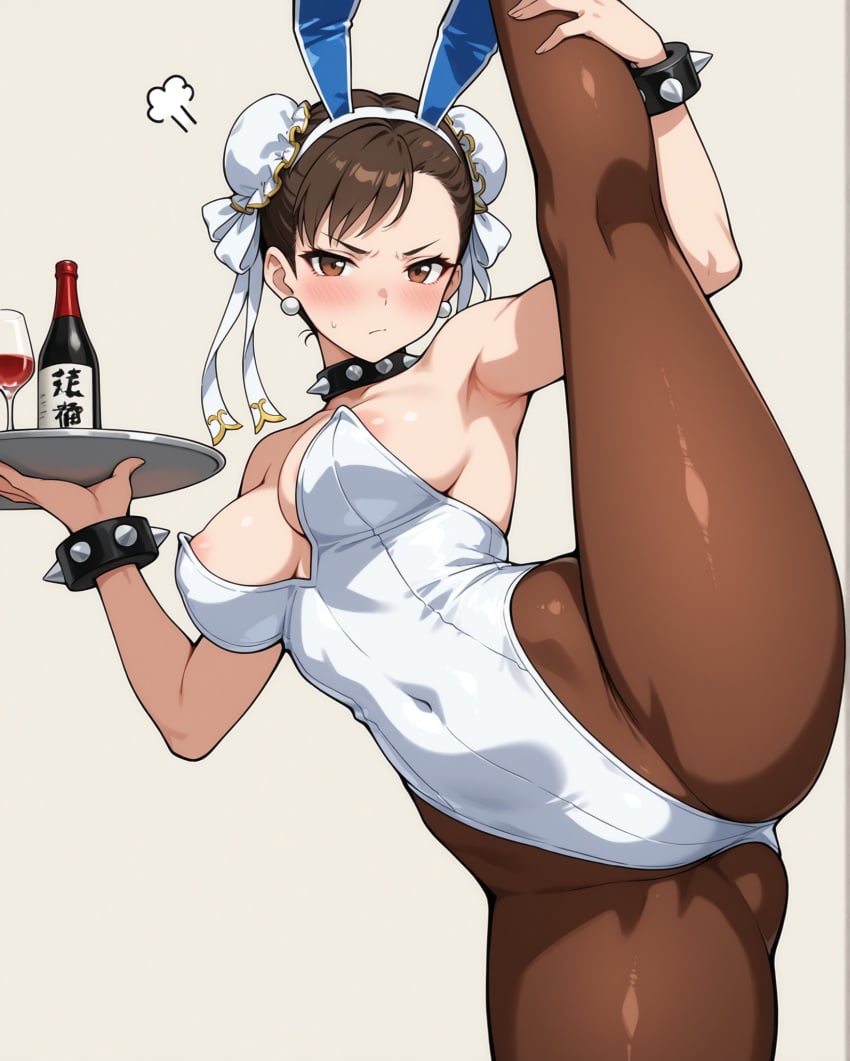 1girls ai_generated alcohol annoyed areola_slip armpits blush breasts brown_eyes brown_hair bun_cover bunny_ears bunny_girl bunnysuit chun-li closed_mouth covered_navel double_bun fake_animal_ears fake_rabbit_ears female gluteal_fold hair_bun holding_leg leotard looking_at_viewer notreallyhere pantyhose perky_breasts playboy_bunny simple_background solo spiked_bracelet spiked_collar standing standing_split street_fighter thighs tray