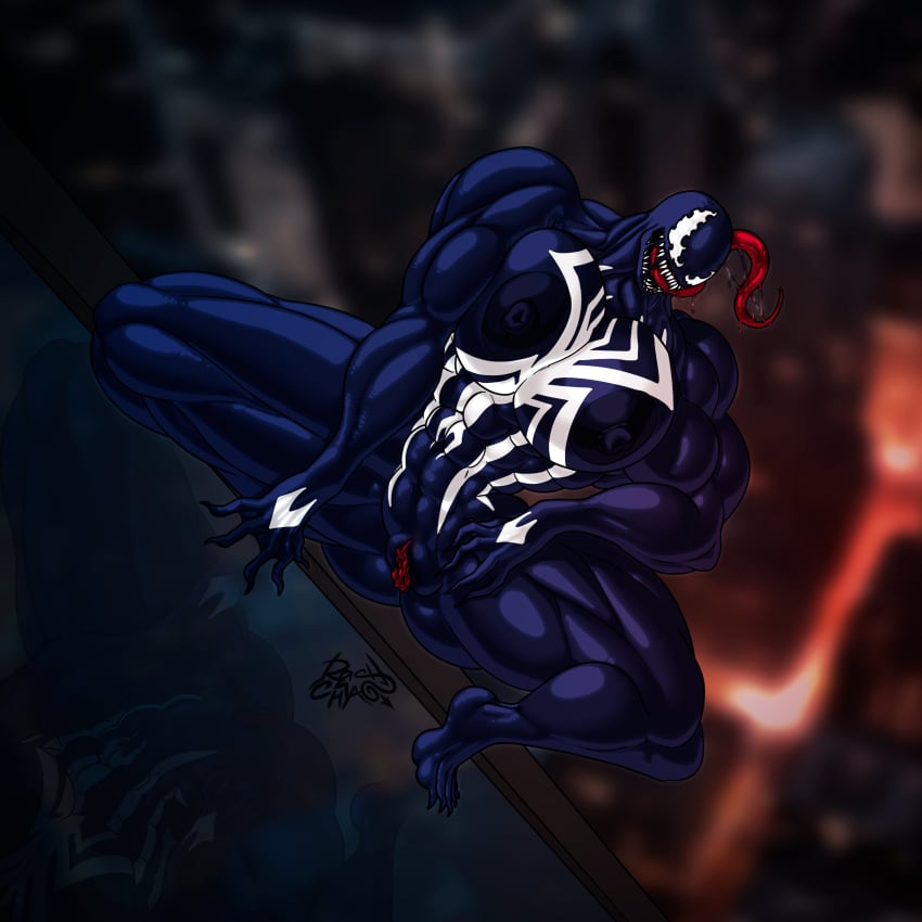 female huge_breasts muscular_female open_mouth rashchaos symbiote tagme thick_thighs tongue_out venom_(marvel)