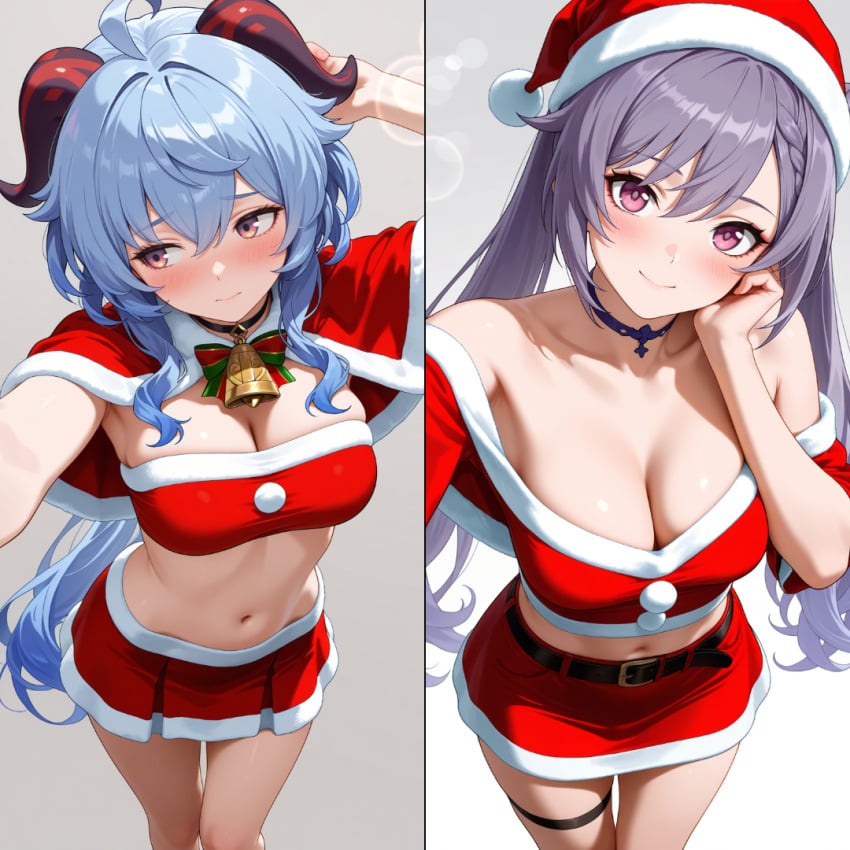 2girls ai_generated blue_hair blush breasts choker christmas female female_only ganyu_(genshin_impact) genshin_impact goat_horns keqing_(genshin_impact) large_breasts looking_at_viewer midriff purple_hair santa_hat selfie skirt smile