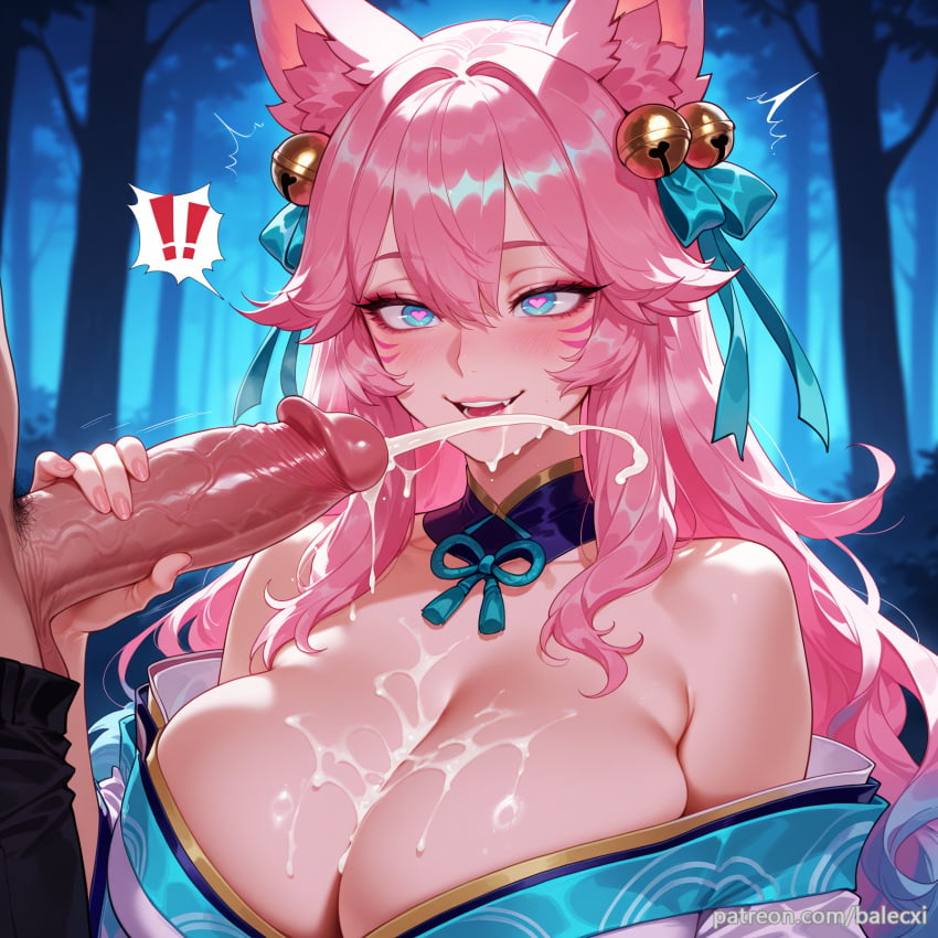 ! 1boy ahri ai_generated animal_ears balecxi bare_shoulders blue_eyes blush breasts cleavage cum_on_body cum_on_breasts ejaculation facial female fox_ears hair_bell hair_ornament handjob heart heart-shaped_pupils japanese_clothes kimono league_of_legends long_hair open_mouth outdoors patreon_username penis pink_hair projectile_cum smile solo_focus spirit_blossom_ahri spirit_blossom_series straight symbol-shaped_pupils teeth uncensored whisker_markings