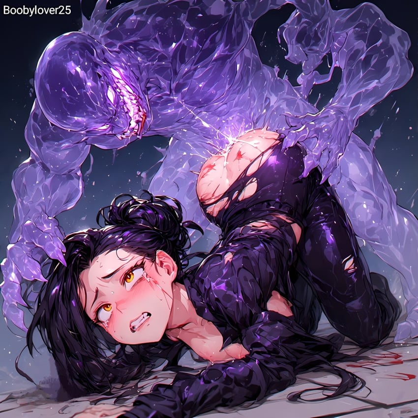 ai_generated black_hair boobylover25 crying crying_with_eyes_open cum_in_pussy ghost raped raped_by_monster ripped_clothing yellow_body